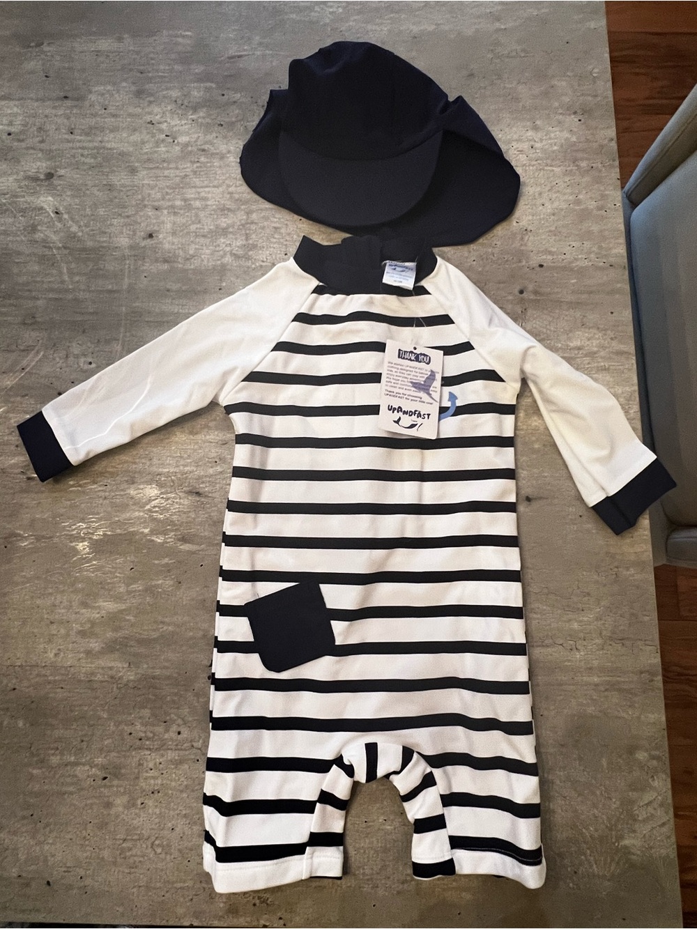 Navy & White Striped Kids One-Piece Rash Guard with hat